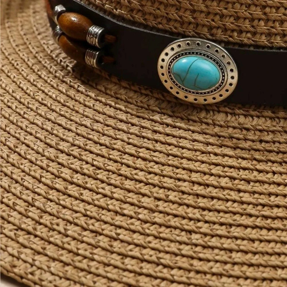 NWT Western Cowboy Hat Beaded Turquoise and Brown Adjustable Size - Picture 3 of 4